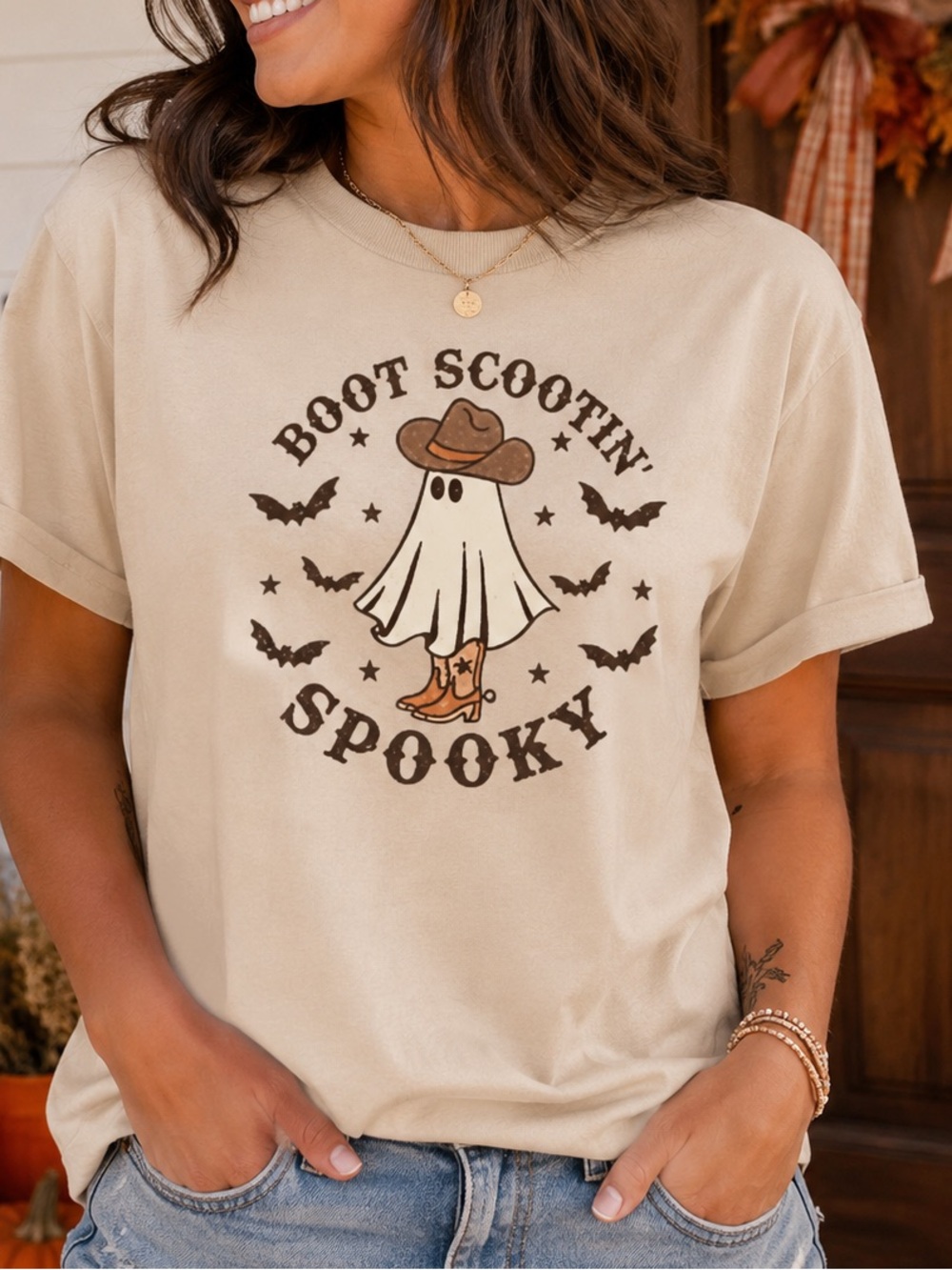 Gildan Cream Tee with Brown Cowboy Ghost Graphic